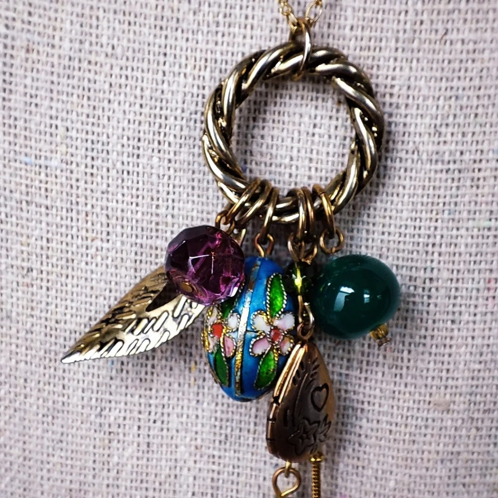 Enameled Cloisonné Egg Tarnished Locket Gold Tone Necklace Cluster NY Company